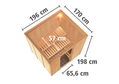 Zdjęcie produktu dla Sauna Karibu Daria (wejście od przodu), drzwi całkowicie szklane, w kolorze brązowym, piec 3,6 kW, zintegrowane sterowanie