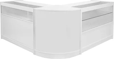 Produktbild von monster-shop Verkaufstheke Brillantweiß mit Glasfront, 90cm H x 120cm L x 60cm B, herausnehmbarem Glasregal und offener Rückseite, modular und eigenständig nutzbar, ideal für Produktpräsentation
