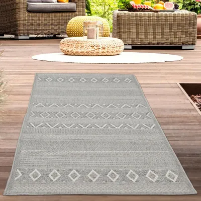 Produktbild von Sisalteppich indoor & outdoor Balkon Terrasse Küche Wohnzimmer gestreiftes Diamanten Rautenmuster grau Größe - 80x150 cm