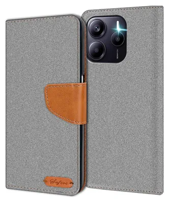 A gray flip case for a smartphone, with a brown leather accent and a small brand logo.