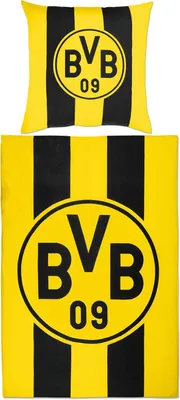 A pillow and a duvet cover, both featuring the Borussia Dortmund BVB logo and black and yellow stripes.