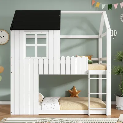 Image de Lit superposé Merax « Maison » 90 x 200 cm avec escalier, lit d'enfant avec fenêtres et barrières de sécurité, lit mezzanine avec coin jeux en pin et MDF blanc + noir