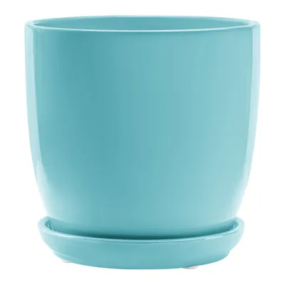 Produktbild von Klassischer Blumentopf Keramik Rund Glasiert Untersetzer H 18 cm Minze mit loch
