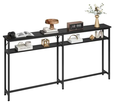Produktbild von Konsolentisch - Tisch hinter dem Sofa - 180 cm - Schmal und lang - 2 Ablagen - Metallgestell, Holz - Rechteckig - Schwarz