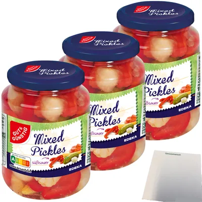Produktbild von Gut & Günstig Mixed Pickles süß-sauer eingelegt 3er Pack (3x330g Glas) + usy Block