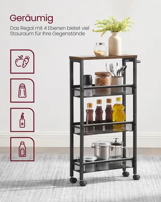 Immagine prodotto di Carrello VASAGLE, scaffale a nicchia su rotelle, con 4 livelli, per ambienti piccoli, profondità 13 cm, nero