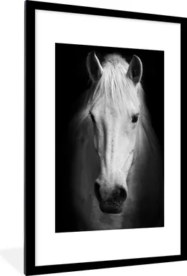 Produktbild von MuchoWow® MuchoWow® Gerahmtes Poster Pferd - Porträt - Schwarz - Weiß 60x90 cm - Poster mit zchwarzem Bilderrahmen - Dekoration - Wandposter Wohnzimmer - Hochwertig