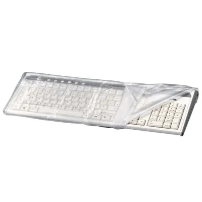 A keyboard covered by a transparent protective cover, shown from a slightly elevated side angle against a white background.