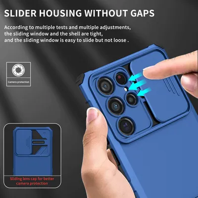 A hand is holding a blue phone case with a sliding camera cover, showcasing its features.