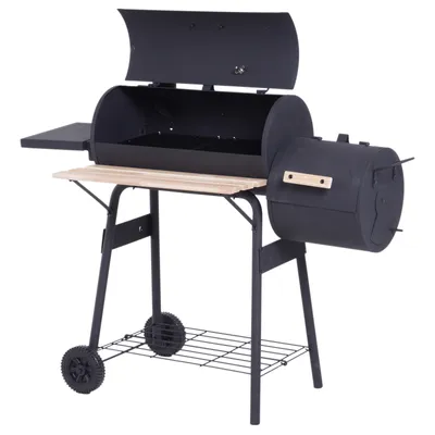 Produktbild von Outsunny Smoker Grill BBQ Holzkohlengrill Grillwagen Multifunktion mit 2 x Brennkammer Schornstein Metall + Tannenholz Schwarz 124 x 53 x 108 cm