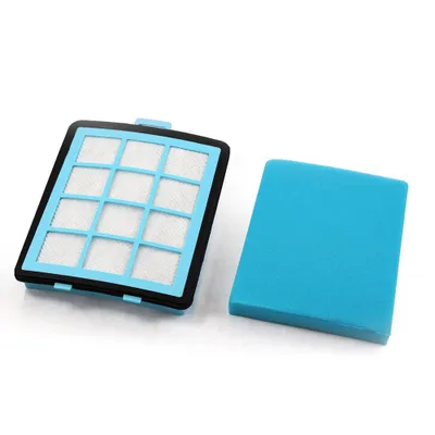 Two vacuum cleaner filters on a white background. One filter is square with a blue frame and white filter material inside, divided into a grid. The other is a solid blue rectangular foam filter.