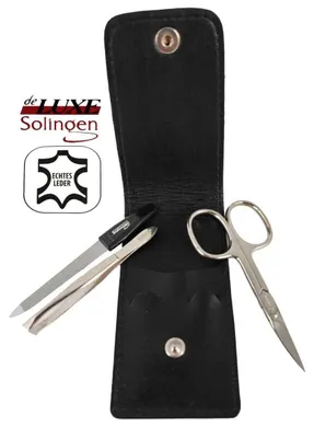 Produktbild von 3-teiliges Solingen Maniküre Set mit Leder Etui schwarz, Nagelschere, Feile, Pinzette,  Germany