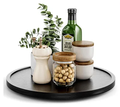 Produktbild von Drehteller aus Akazienholz für die Küche, Lazy Susan aus Holz zur Organisation von Schrank, Arbeitsplatte und Vorratsschrank, Schwarz 25,4 cm