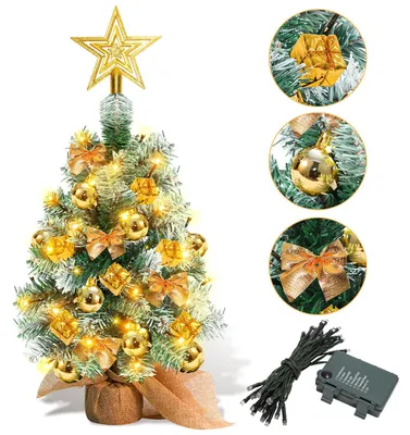 Productafbeelding van Eikuavons Mini kerstboom, 40 cm, goudkleurig, kunstmatige dennenboom met 30 LED-lampjes op batterijen en een houten voet, geschikt voor kerst