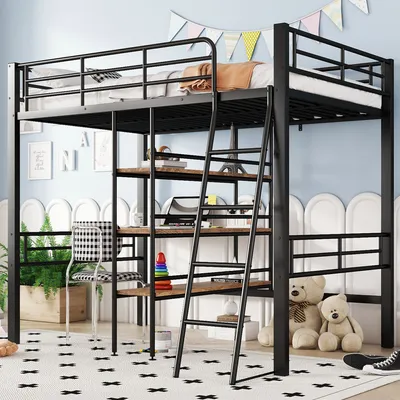 A loft bed with a desk and shelves, set up in a child's room.