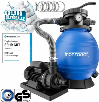 Produktbild von MONZANA® Sandfilteranlage SF102K mit Vorfilter 9.960L/h bis 35.000L Pool mit 1.2kg Filterbällen 7 Wege Ventil 2in1 Adapter Ø32-38mm 400W Filteranlage Pumpe Filterkessel