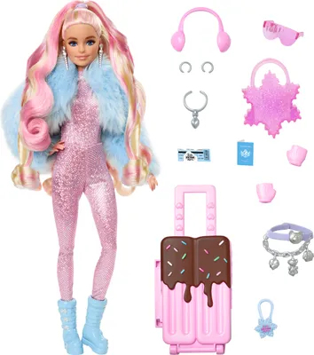 Produktbild von Reise-Barbie-Puppe mit Winterkleidung, Barbie Extra Fly, glitzernder rosa Jumpsuit und Kunstfellmantel