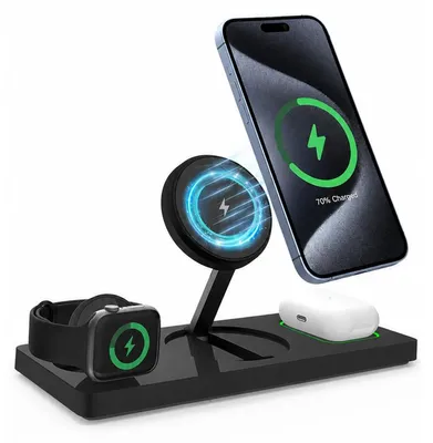 Produktbild von 3-in-1 Ladestation faltbar, Wireless Charger für iPhone, Apple Watch & AirPods, LED, klappbar, rutschfest – Induktive Ladestation
