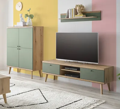 Produktbild von Wohnwand "Juna" in Salbei und Eiche Wohnkombination skandinavisch 3-teilig 277 cm