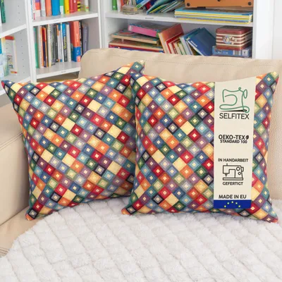 Produktbild von Selfitex 2er Set Bunte Couchkissen 50x50 cm, Sofakissen mit Füllung und Bezug, kuschelweiches Lesekissen, dekoratives Fernsehkissen, Deko- und Kopfkissen, Rückenkissen, Muster: Diamond