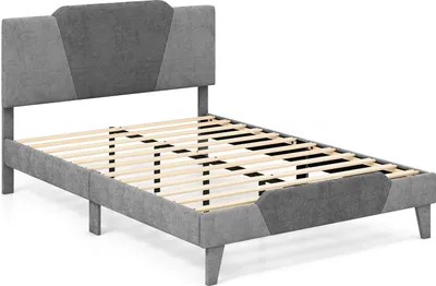 A grey upholstered bed frame with a slatted mattress support is shown against a white background.