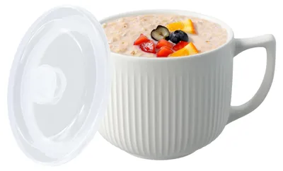 Keramik-Ramenschüssel mit Deckel, 900 ml, weiß, mikrowellengeeignet