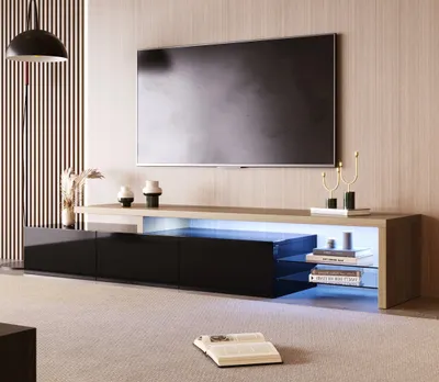 Image de Fortuna Lai TV-Lowboard blanc brillant avec éclairage LED, 2 étagères en verre et 2 compartiments ouverts, armoires TV Table de salon, 200cm, noir/naturel