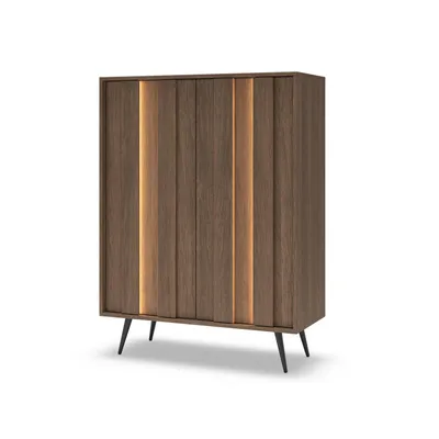 Image de BETTSO Meuble haut FARO, 94 cm, chêne Dunin marron avec éclairage LED – Grande commode à deux portes sur pieds métalliques, idéale pour le salon