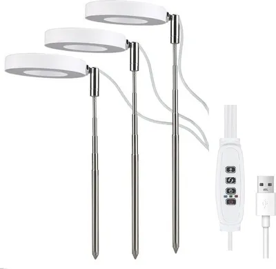 Three LED grow lights on adjustable stands, with a USB controller and cable.