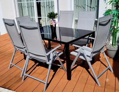 Produktbild von Sitzgruppe POETTO 6 Personen Grau Aluminium Gartenmöbel Tisch Stühle Terrasse Stuhl