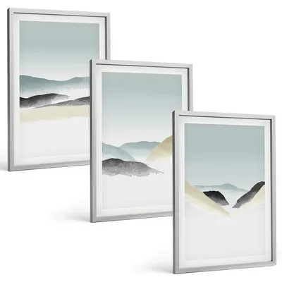 Produktbild von Bilder Set 3-teilig im silbergerahmten Rahmen – Wandbilder 3 Stück – gerahmte Poster für Wohnzimmer, Schlafzimmer und Flur – 40x60 cm – Minimalistische Pastellberge