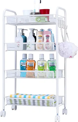 Produktbild von Mulisoft Rollwagen mit 4 Ebenen, Küchenwagen 45 * 23 * 84cm, Lagerregal auf Rollen mit Bremser, Mesh Metallkorbe mit Wand, Weiß
