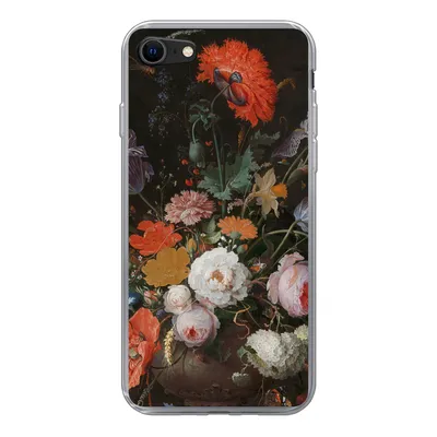 Produktbild von MuchoWow® Handyhülle Schutzhülle Hülle für iPhone SE 2022 Stilleben mit Blumen und einer Uhr - Gemälde von Abraham Mignon Silikon Softcase Handy Hülle - Schutzhülle