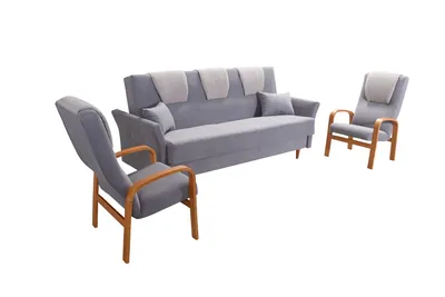 Produktbild von Couch plus zwei Sessel BOSTON Sofa mit Schlaffunktion Bettkasten, zwei Kissen - Satz: 3 + 1 + 1, verschiedene Farben - Hellgrau