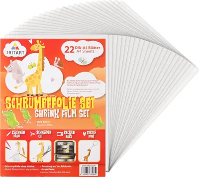 Produktbild von Tritart - Schrumpffolie I 22 Schrumpffolien I Schrumpffolie zum Basteln für Kinder & Erwachsene I Schrumpffolie bedruckbar I Schrumpffolie transparent I Schrumpffolie basteln I DIN A4