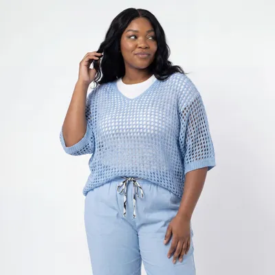 Produktbild von Häkel Shirt Damen Sommer Oberteil Lochstrick 40 42 44 46 Oversize Pullover