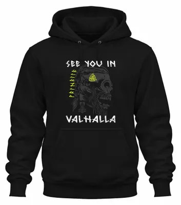 Imagen del producto de Sudadera con capucha uni, diseño "Valhalla", con motivos vikingos: cráneo, Mjölnir, Valknut, runas y mitología. Color: . Talla: M