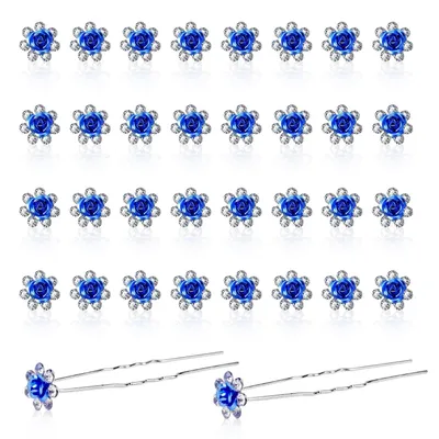 Produktbild von Kristallblume Haarnadel 40 Stück, Hochzeit Haarnadeln mit Kristall und Blume, Haarschmuck Blau Hochzeit Set, U-förmige Haarnadeln Braut Haarschmuck