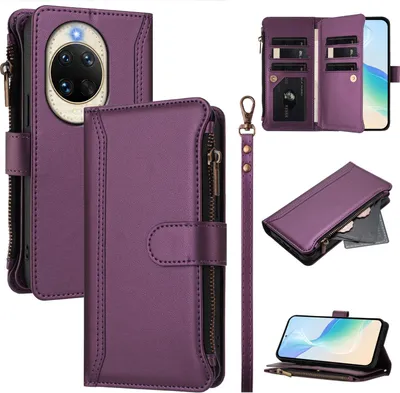 Image de Étui pour Huawei Nova 14, étui à fermeture éclair en cuirPolyuréthaneavec pochettes pour cartes, support et boucle pour les mains Violet