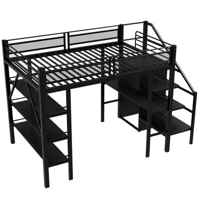 Produktbild von Hochbett mit Schreibtisch und Regal, 140x200 cm, Metallbett mit Lattenrost und Rausfallschutz, Jugendbett
