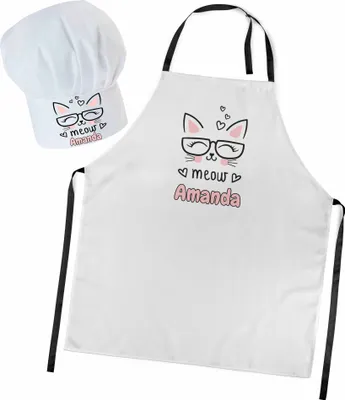 Produktbild von Personalisierte Kochmütze + Kochschürze Set 2tlg. Für Kinder, Jungen und Mädchen, Weiß, Schürze mit Ihrem Namen, Miau [099]