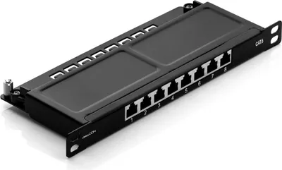 Produktbild von deleyCON CAT 6 0,5 HE Patchpanel Mini Verteilerfeld 8 Port - Desktop 10" Zoll Rackeinbau Servermontage RJ45 geschirmt TIA568A TIA568B RAL 9005 Schwarz
