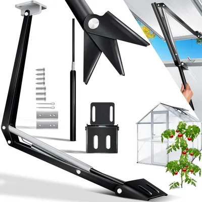 A collage of images showing an automatic greenhouse window opener, its components, and a greenhouse with tomatoes.