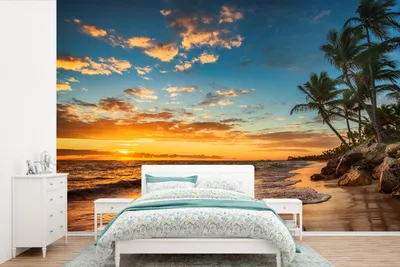 Produktbild von MuchoWow® Fototapete für Wohnzimmer oder Schlafzimmer Wandtapete Vinyl Motivtapete Strand - Sonnenuntergang - Meer - Palme - 600x400 cm - Vinyltapeten