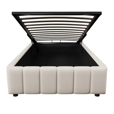 Produktbild von Merax Polsterbett 90x200 cm, Hydraulisches Stauraumbett 90x200cm ohne Kopfteil, Einzelbett aus Leinenbezug und MDF, Minimalistisches Design, Beige