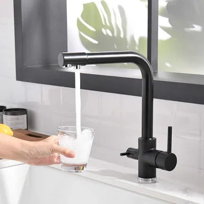 Produktbild von Küchenarmatur aus massivem Messing, 3-Wege-Hahn mit hochgebogenem Auslauf, Einhandbedienung, Filterrohr-Adapter