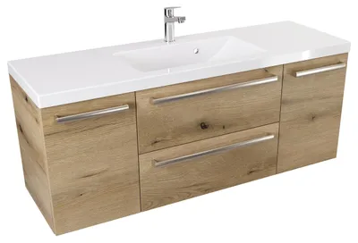 Produktbild von ATHD Wandhängender Waschtischunterschrank mit Waschbecken 120 cm D - Evoke Matt Eiche - Griffe aus gebürstetem Edelstahl