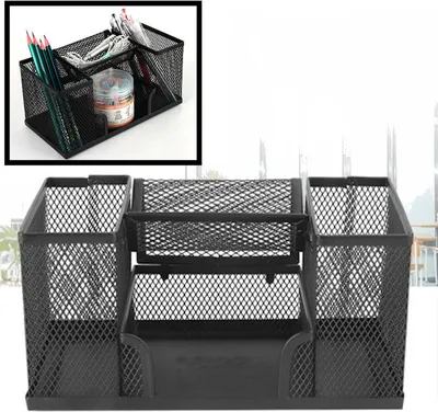 Produktbild von Stiftablage mit 4 Fächern für Stifte, Bleistifte, Notizblock / Post-It und Büroklammern usw. - Mesh-Schreibtisch-Organizer - Metall- / Mesh-Stiftablage - Stifthalter - Farbe: Schwarz - Decopatent