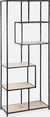 A tall, asymmetrical metal shelf unit with wooden shelves against a white background.