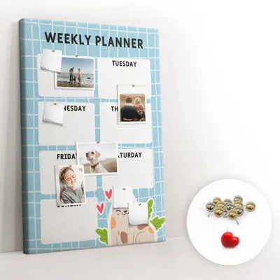 Imagen del producto de Tablero de corcho con chinchetas - Panel con chinchetas para fotografías y notas - 80x120 cm - 100 chinchetas metálicas - Planificador semanal
